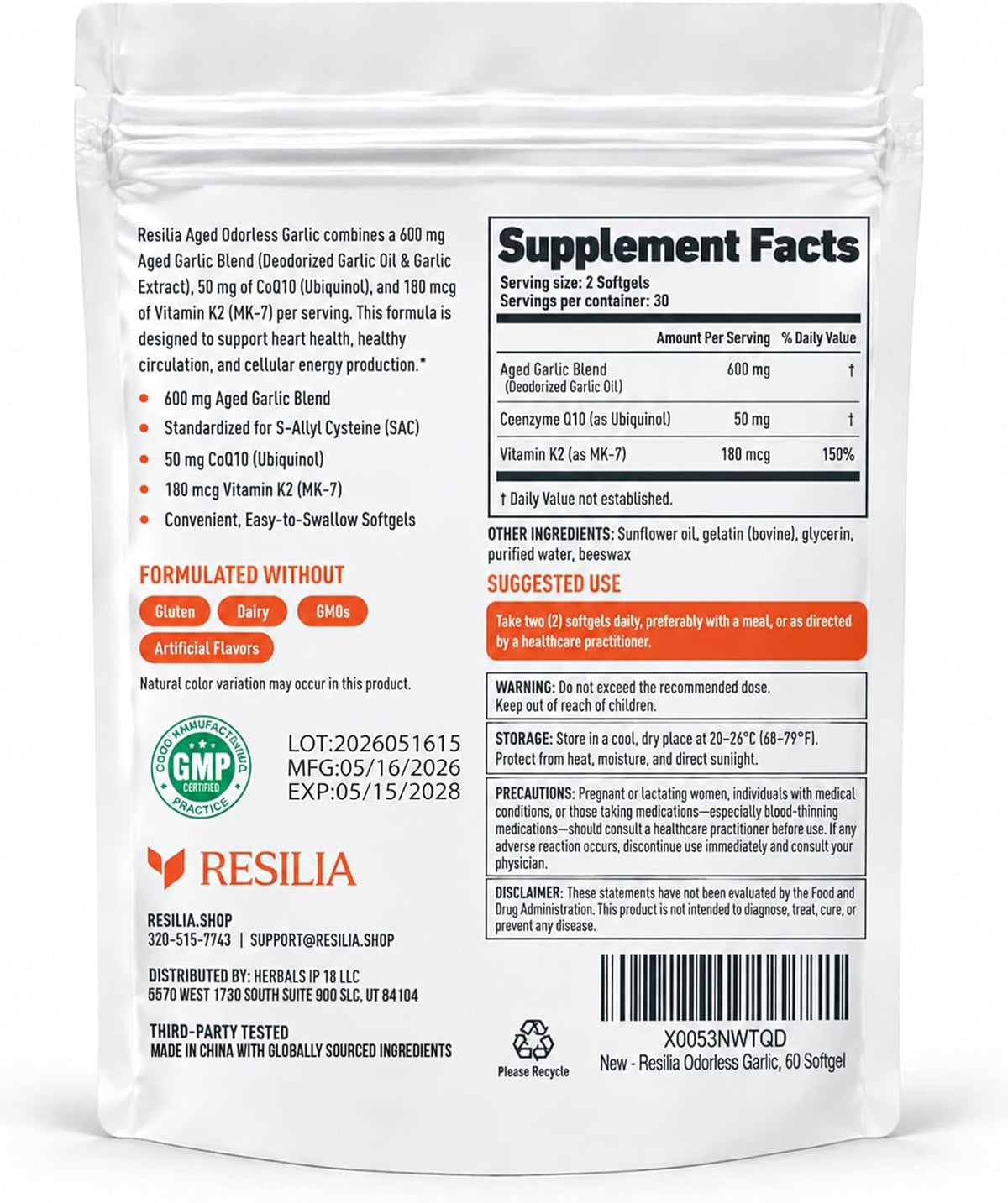 Resilia Odorless Aged Garlic Softgels